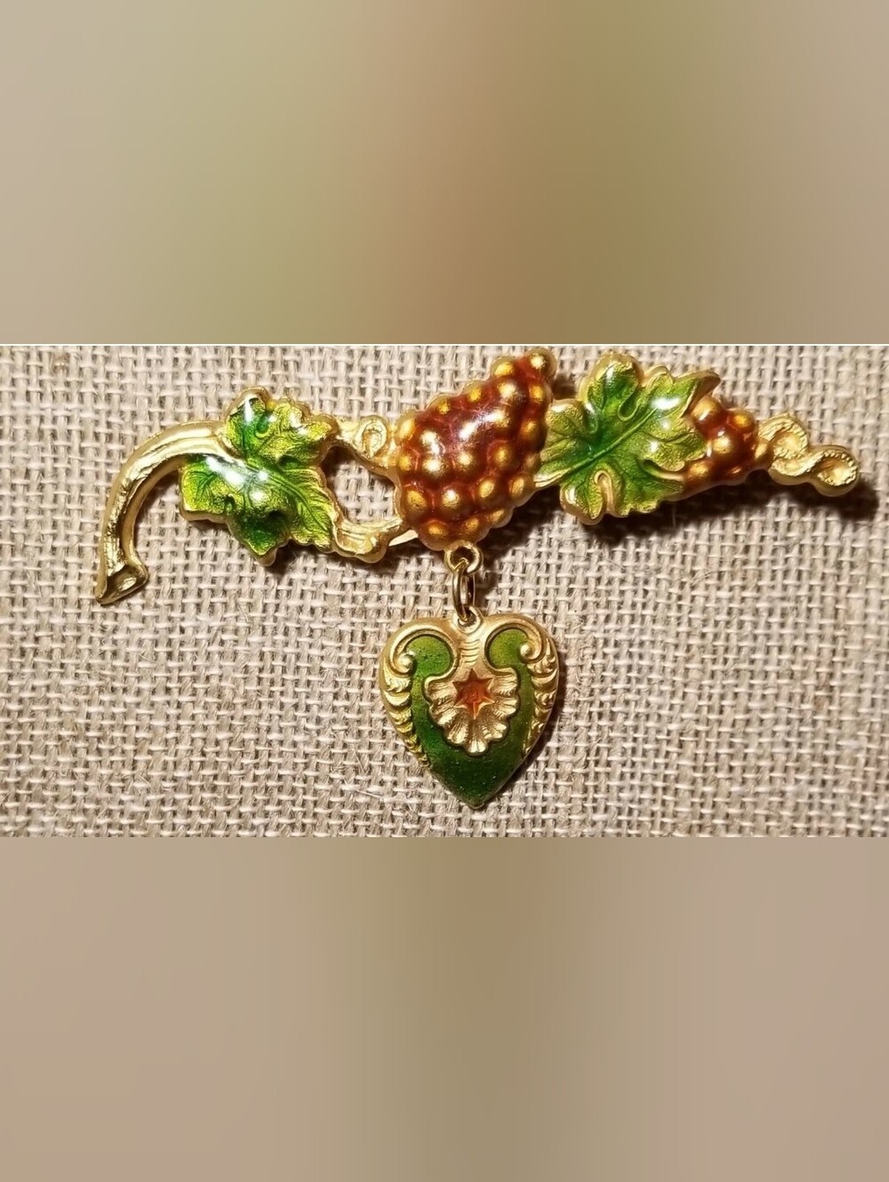 Green and Gold Enamel Grapevine Heart Charm Brooch